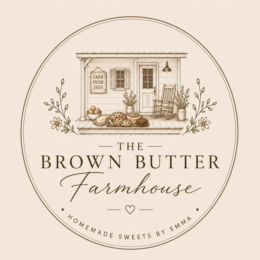 The Brown Butter Farmhouse logo: a farmhouse porch with a tray of cookies, a cinnamon roll and farm fresh eggs